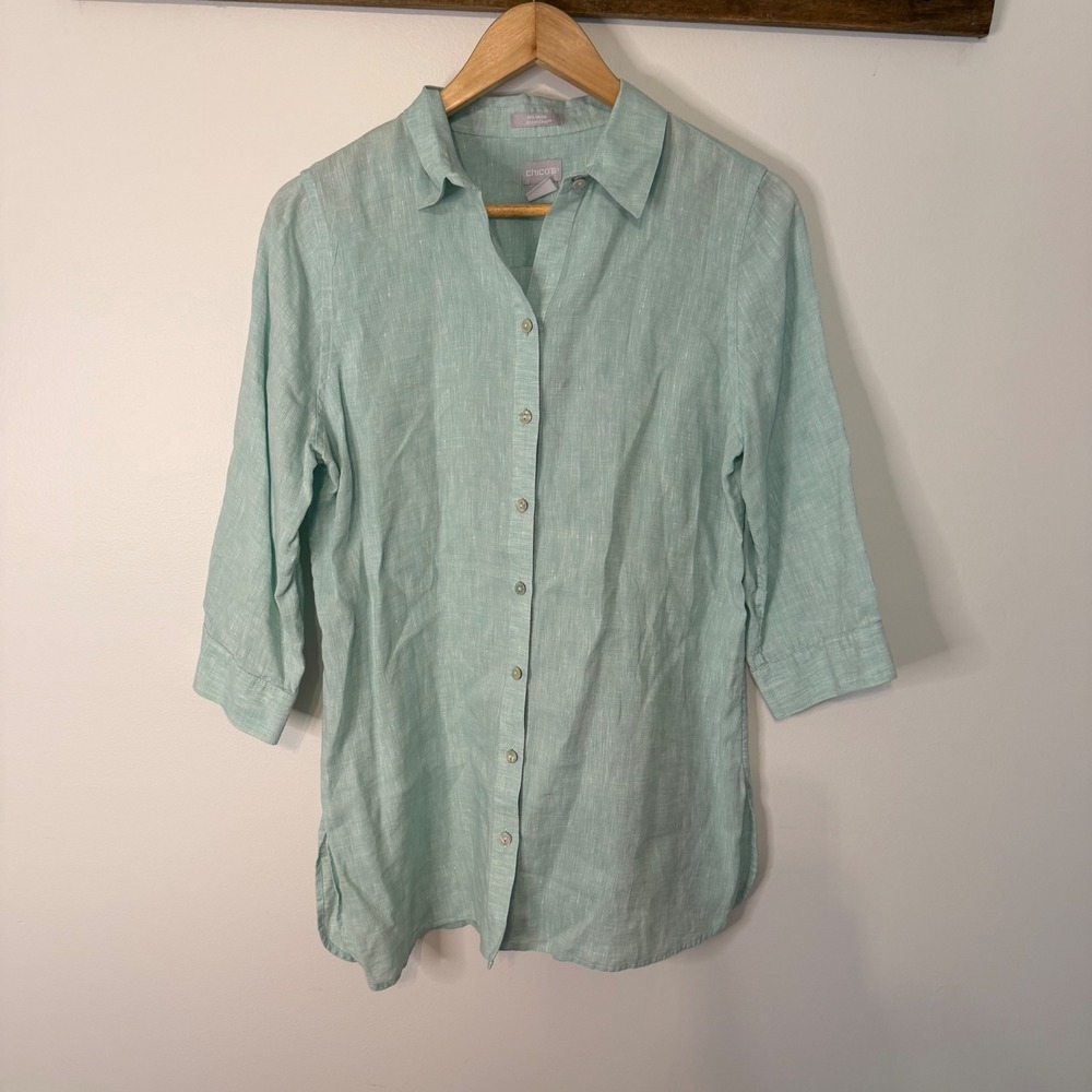Chico's No-Iron FreshChic 100% Linen Button Up Shirt Aqua Blue Size 0 S 4/6